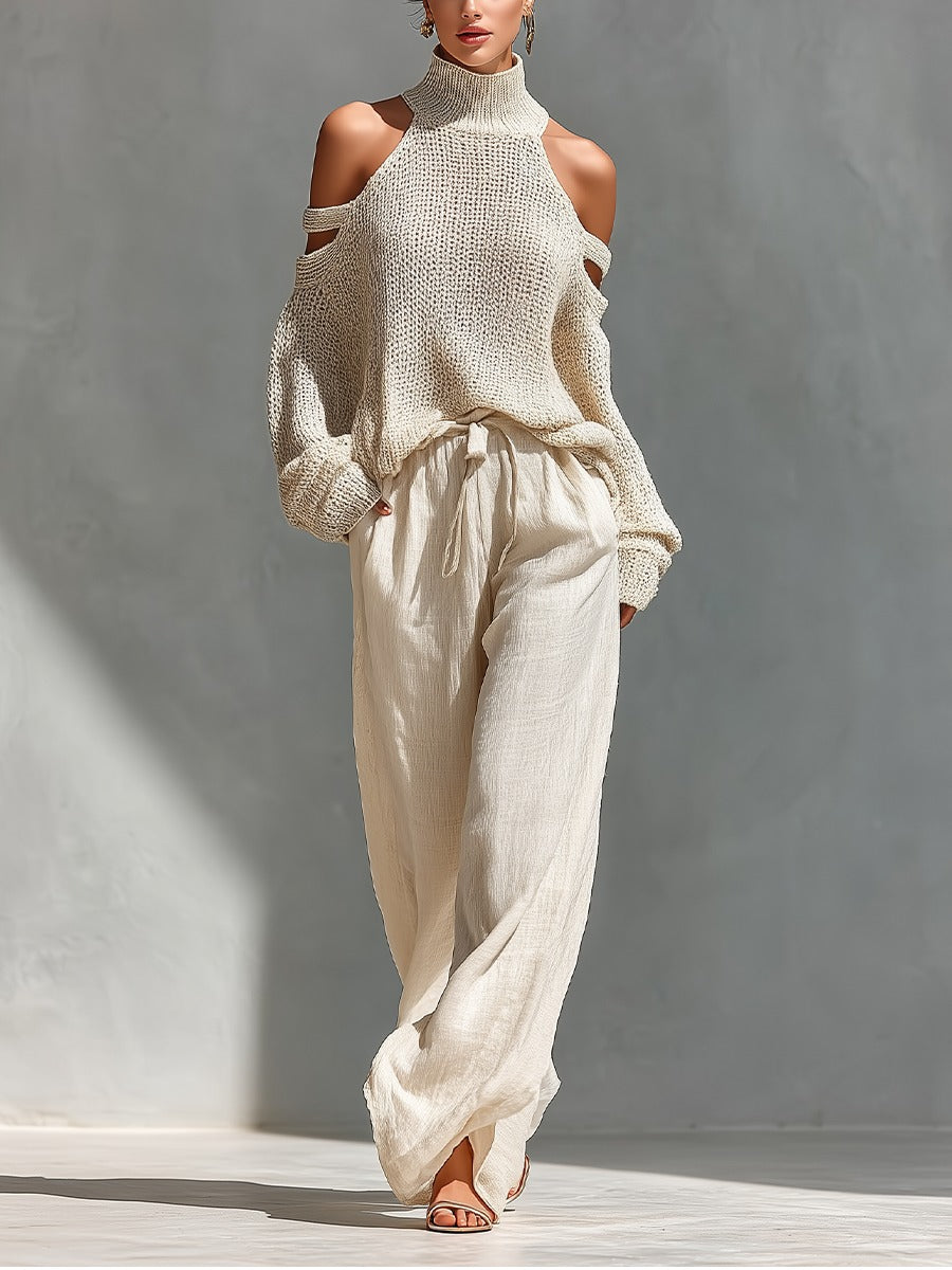 Sofia | High Neck Cold Shoulder Knitted Jumper Trouser Set