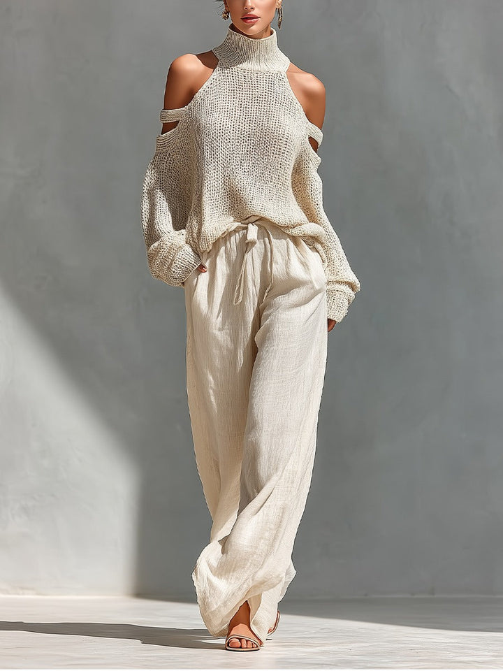 Sofia | High Neck Cold Shoulder Knitted Jumper Trouser Set