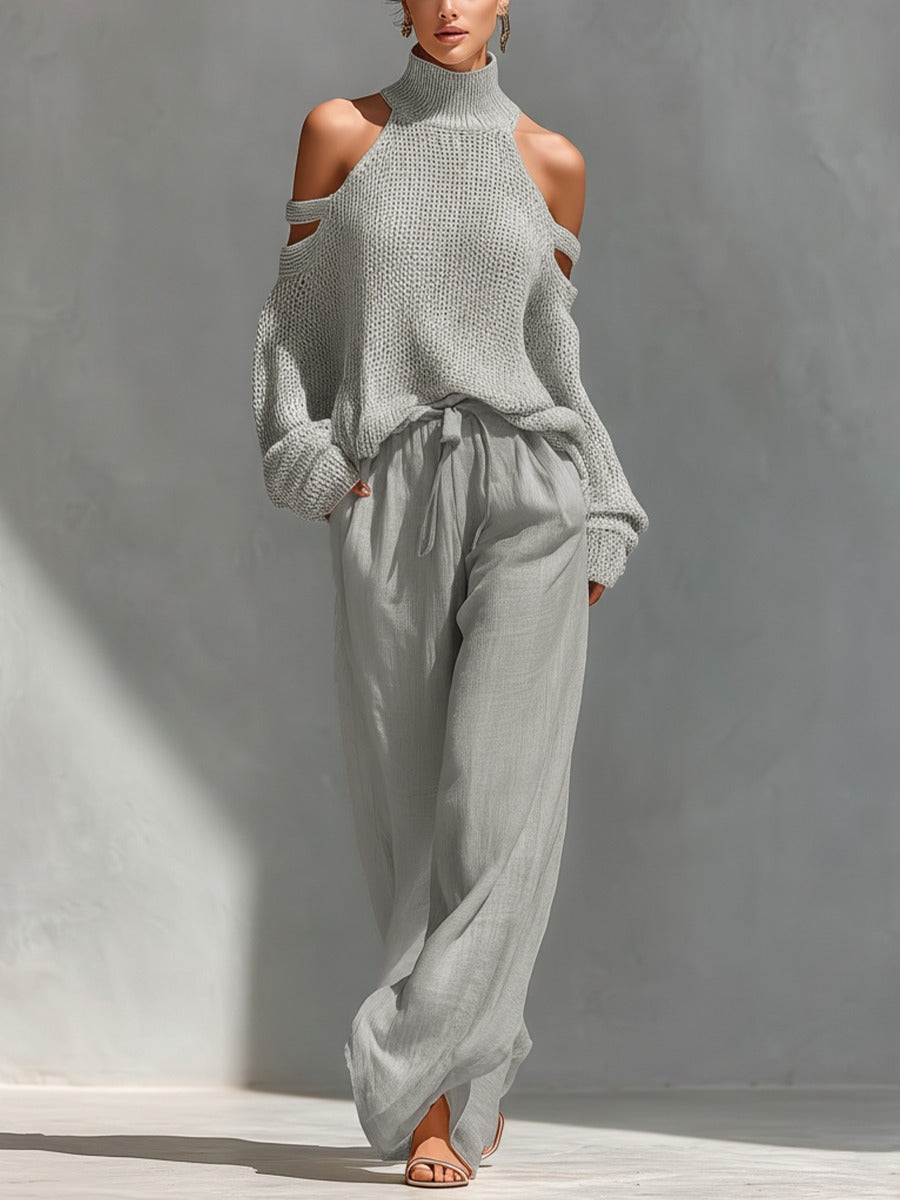 Sofia | High Neck Cold Shoulder Knitted Jumper Trouser Set