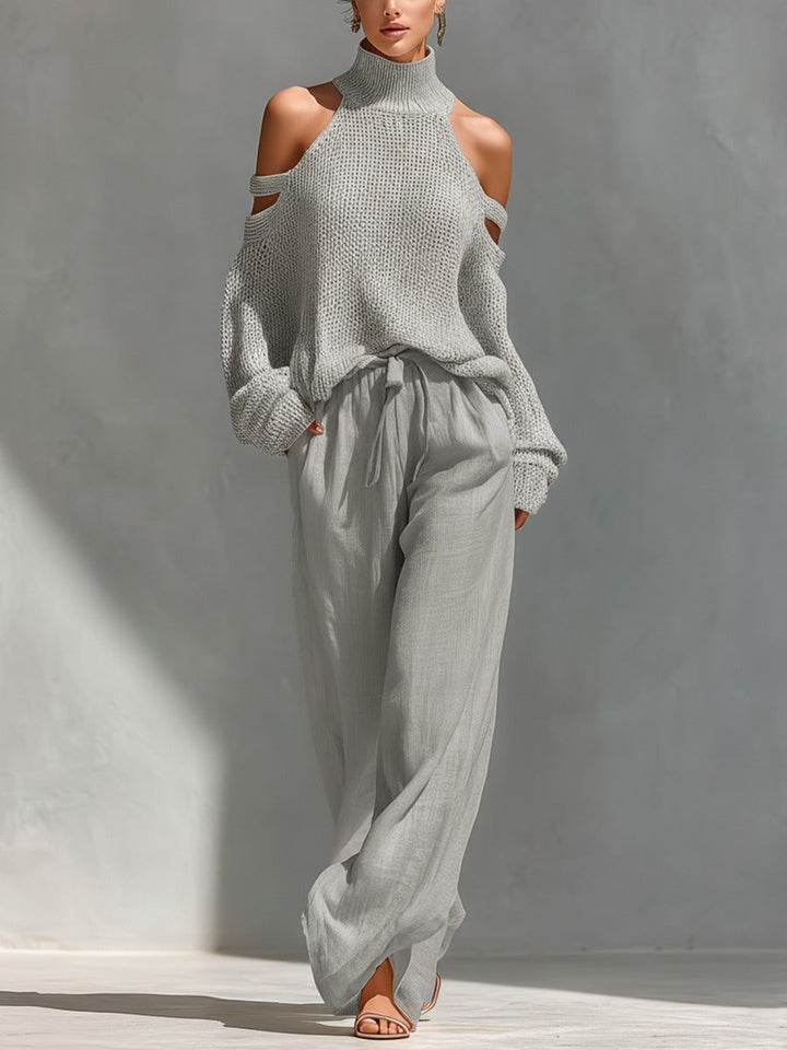 Sofia | High Neck Cold Shoulder Knitted Jumper Trouser Set