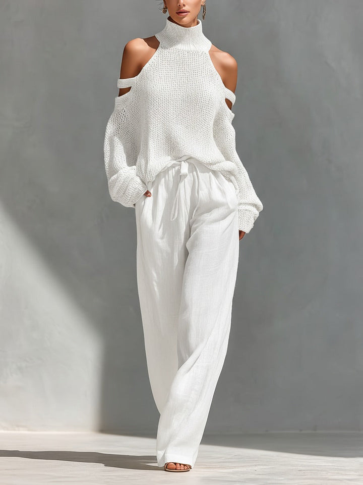 Sofia | High Neck Cold Shoulder Knitted Jumper Trouser Set