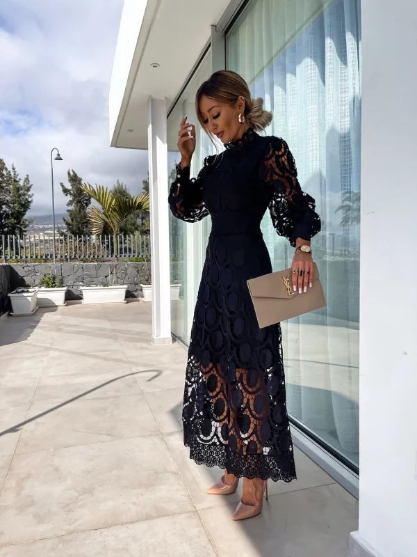 Sophia | Elegant Crochet Lace Black Tie Dress with Puff Sleeves