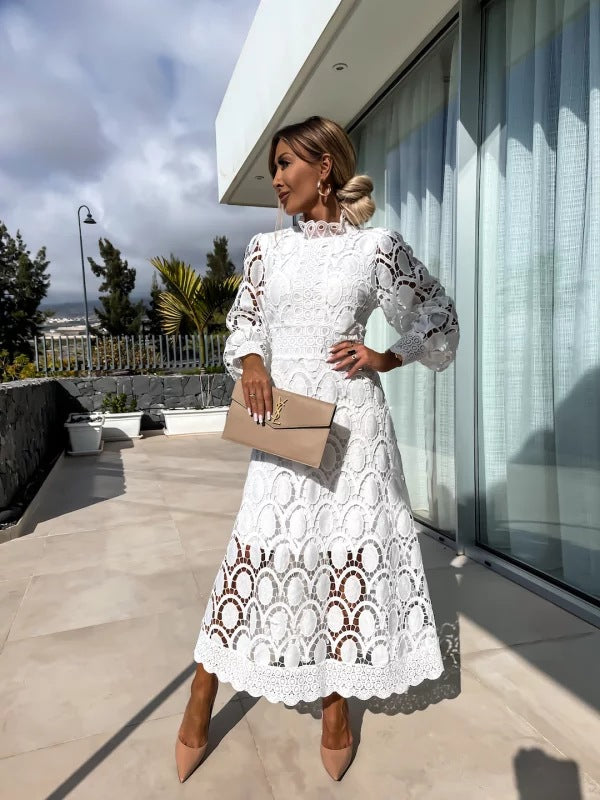Sophia | Elegant Crochet Lace Black Tie Dress with Puff Sleeves