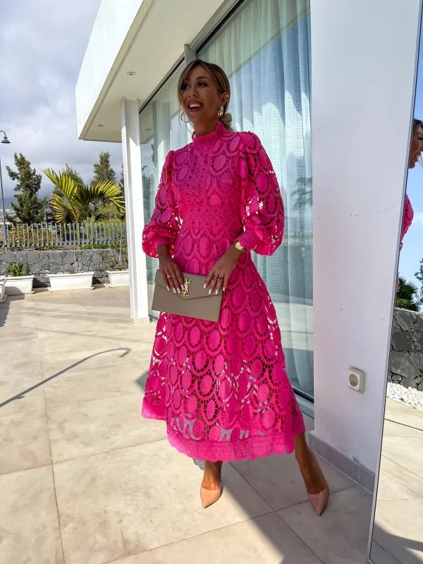 Sophia | Elegant Crochet Lace Black Tie Dress with Puff Sleeves