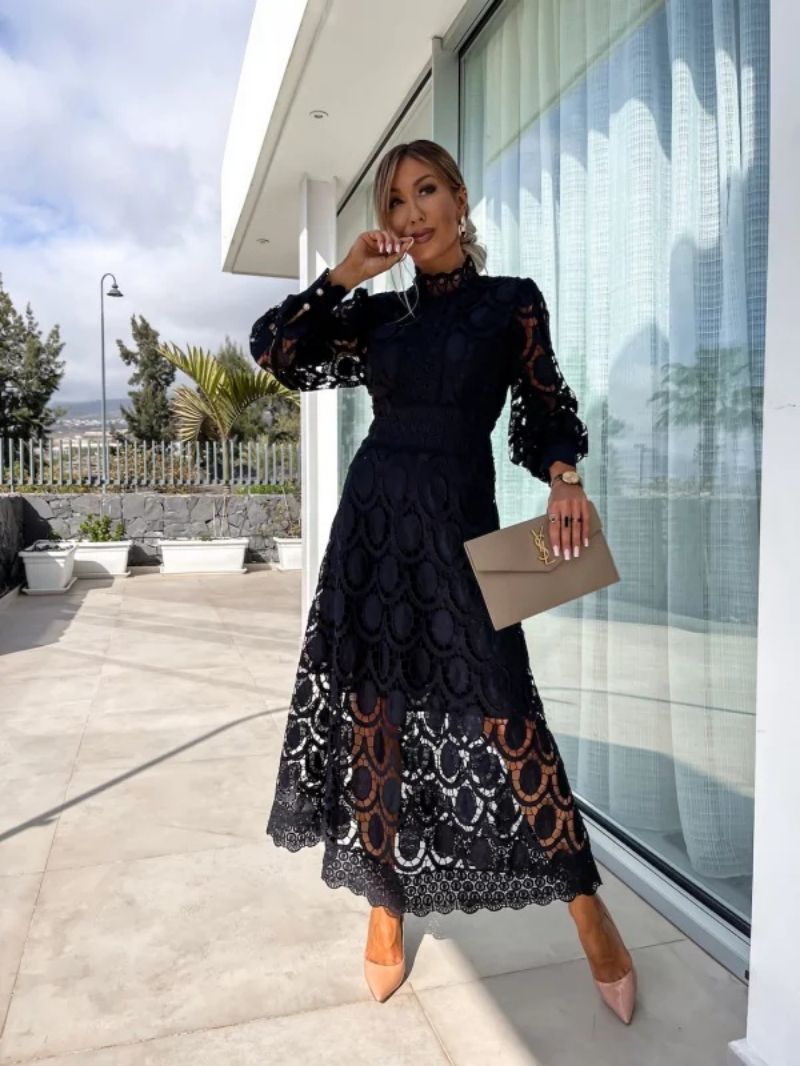 Sophia | Elegant Crochet Lace Black Tie Dress with Puff Sleeves