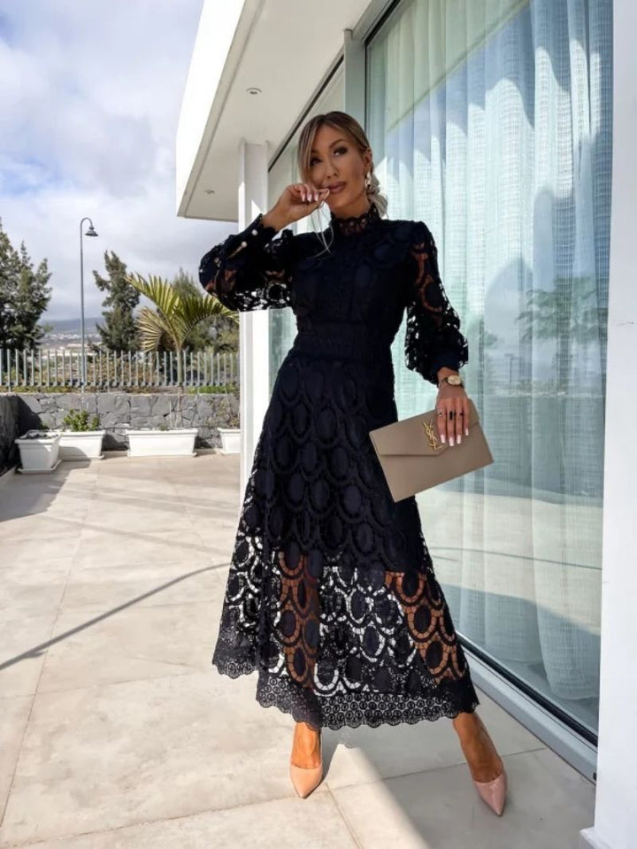 Sophia | Elegant Crochet Lace Black Tie Dress with Puff Sleeves