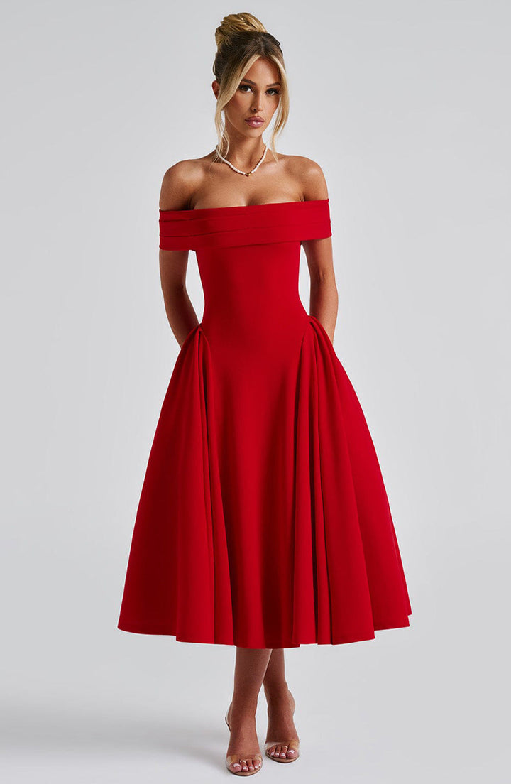 Sophia | Elegant Off-Shoulder Black Tie Dress with Flared Midi Skirt