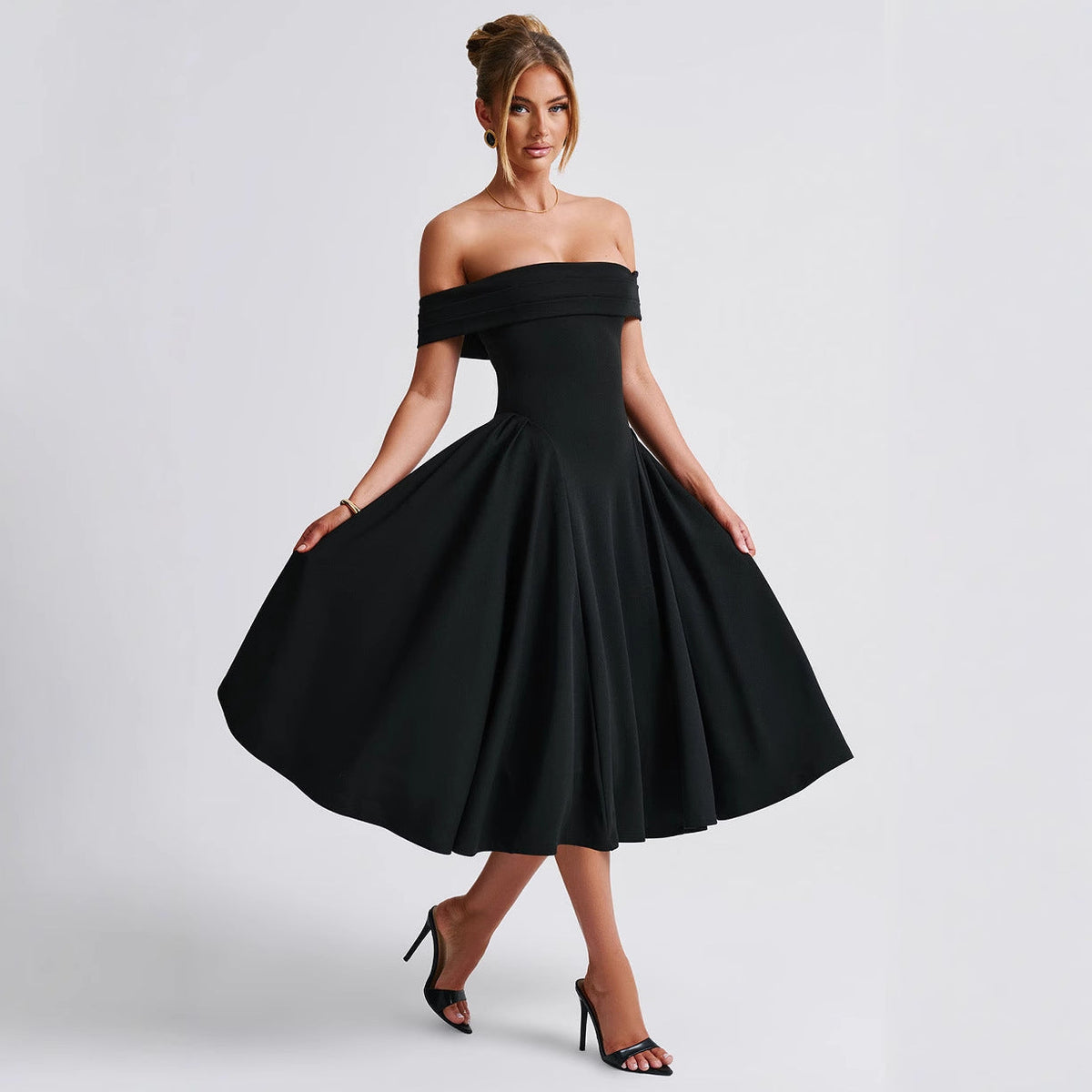 Sophia | Elegant Off-Shoulder Black Tie Dress with Flared Midi Skirt