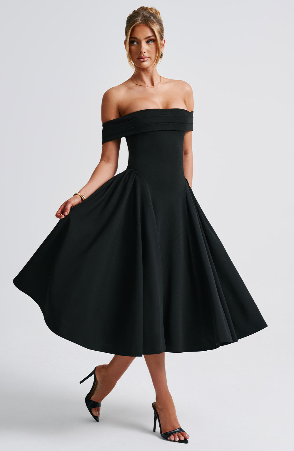 Sophia | Elegant Off-Shoulder Black Tie Dress with Flared Midi Skirt