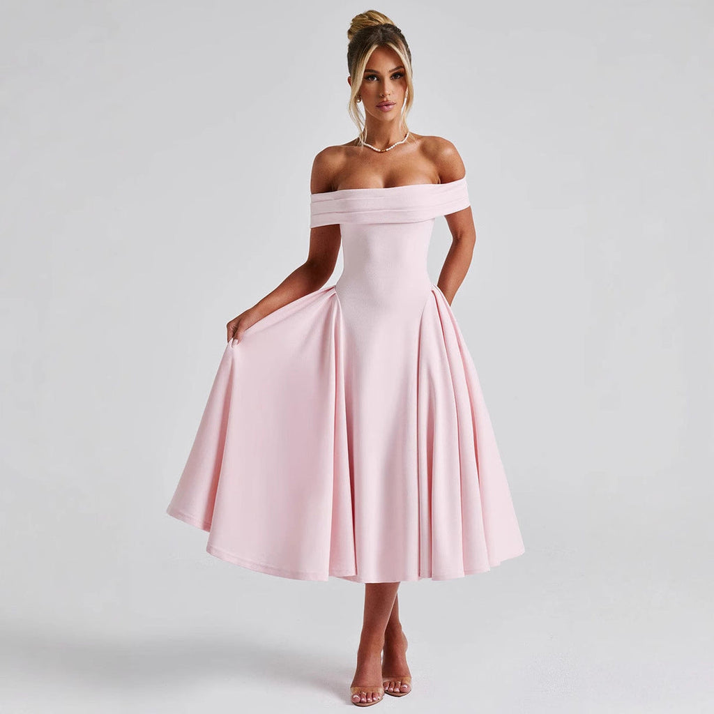 Sophia | Elegant Off-Shoulder Black Tie Dress with Flared Midi Skirt