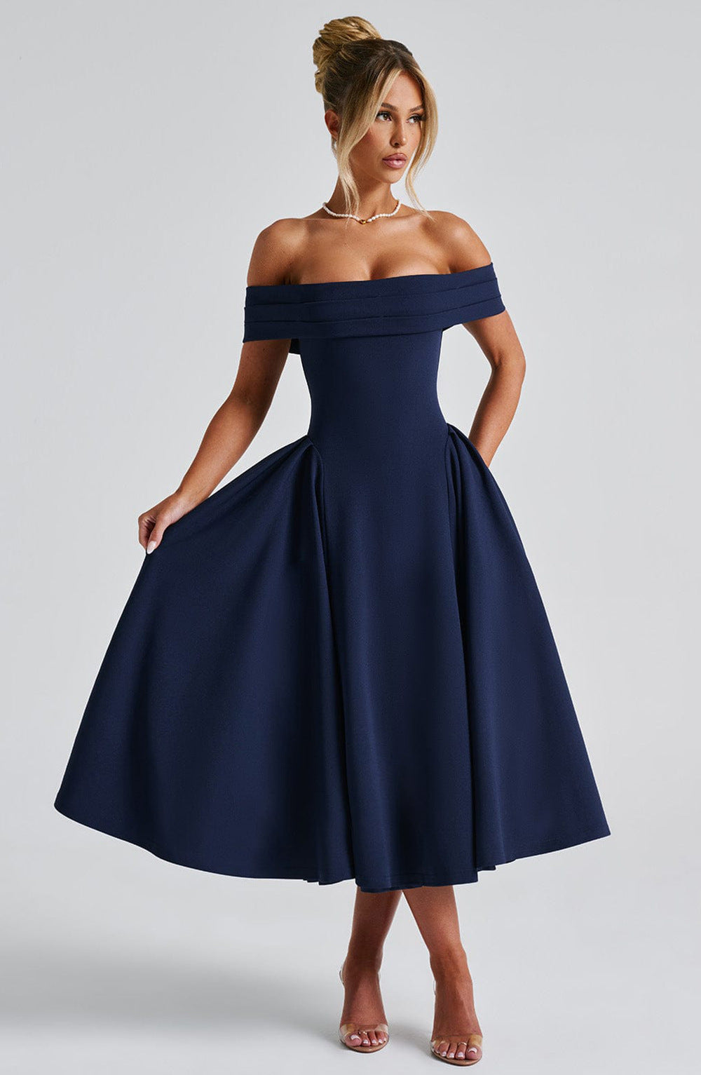 Sophia | Elegant Off-Shoulder Black Tie Dress with Flared Midi Skirt