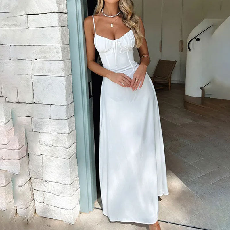 Sophia | Elegant Ruched Corset Black Tie Maxi Dress