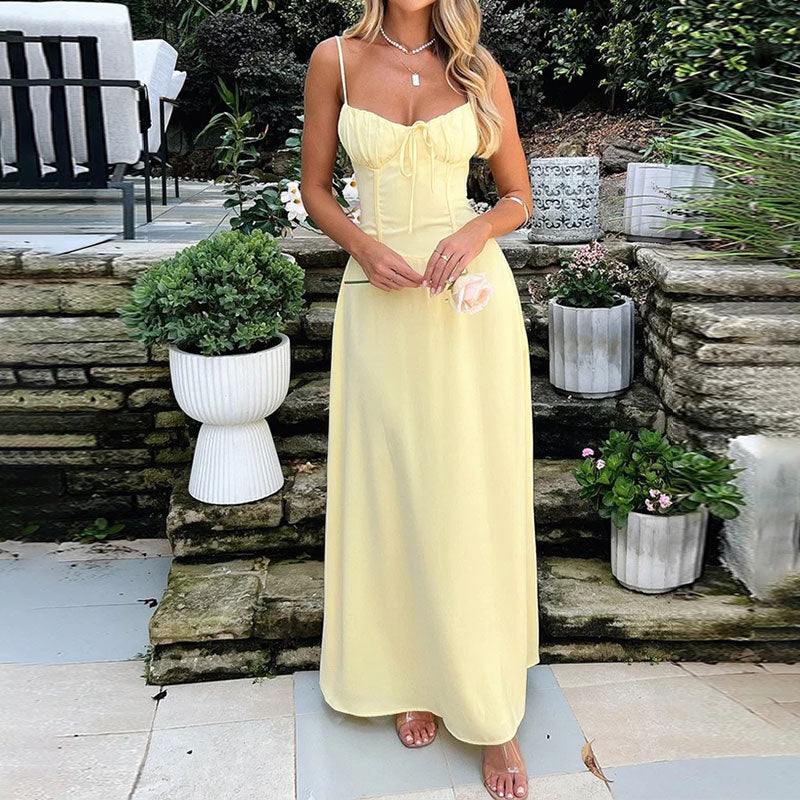 Sophia | Elegant Ruched Corset Black Tie Maxi Dress