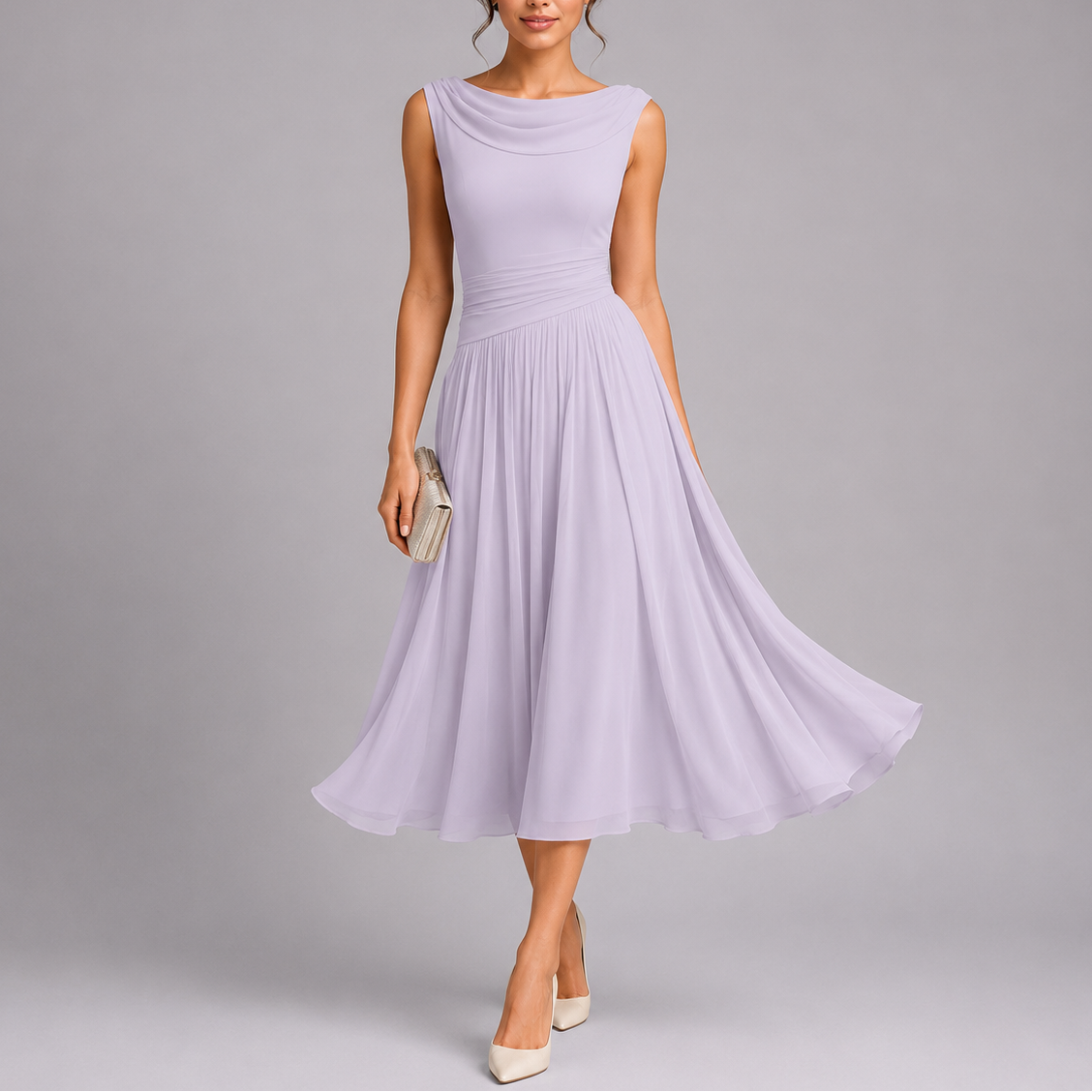 Sophie | Elegant Draped Neckline Black Tie Midi Dress