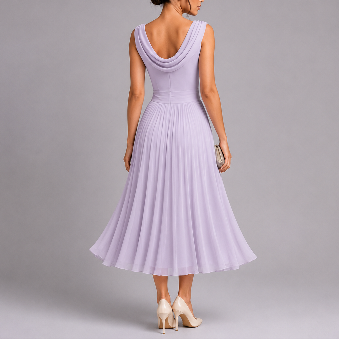 Sophie | Elegant Draped Neckline Black Tie Midi Dress
