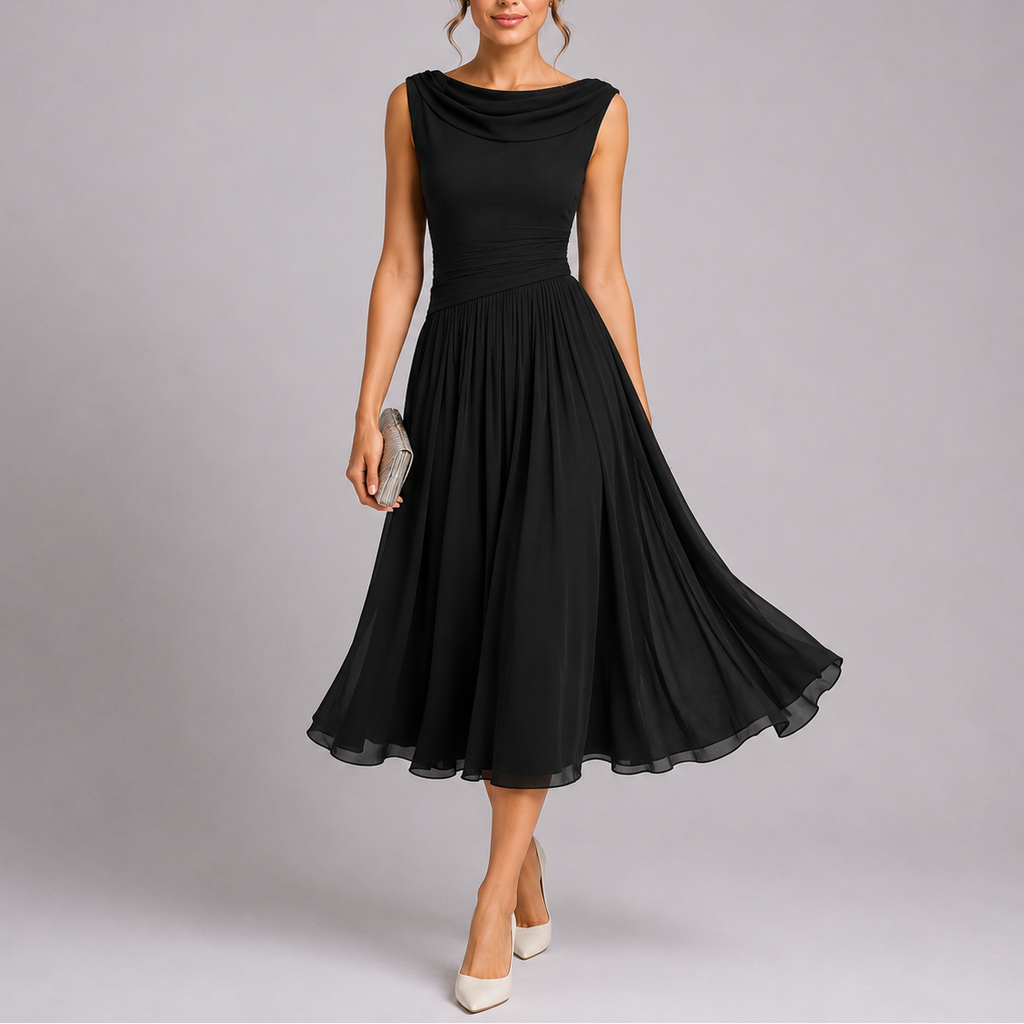 Sophie | Elegant Draped Neckline Black Tie Midi Dress