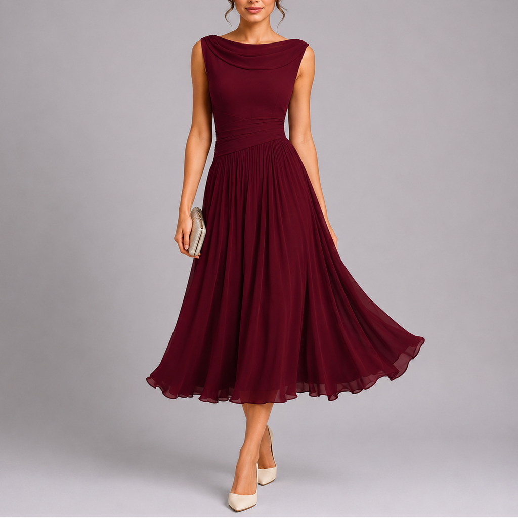 Sophie | Elegant Draped Neckline Black Tie Midi Dress