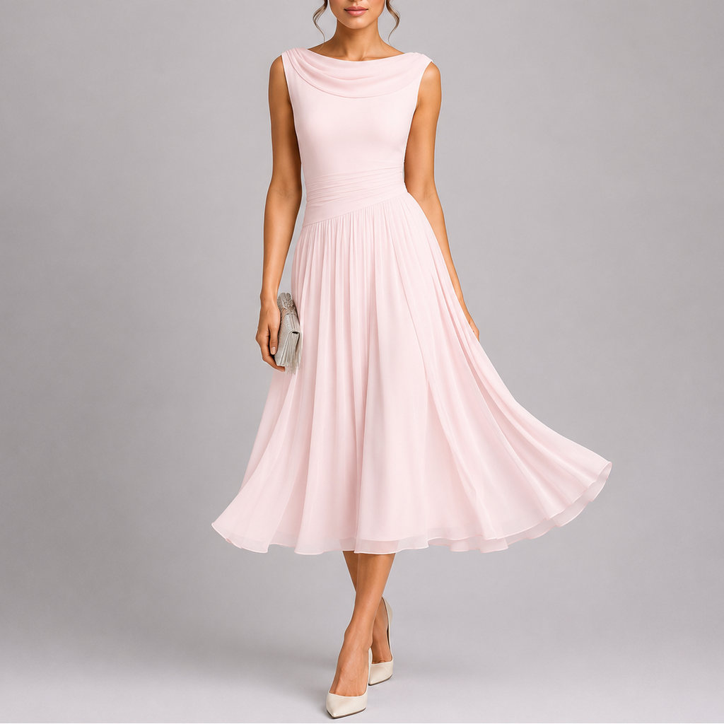Sophie | Elegant Draped Neckline Black Tie Midi Dress