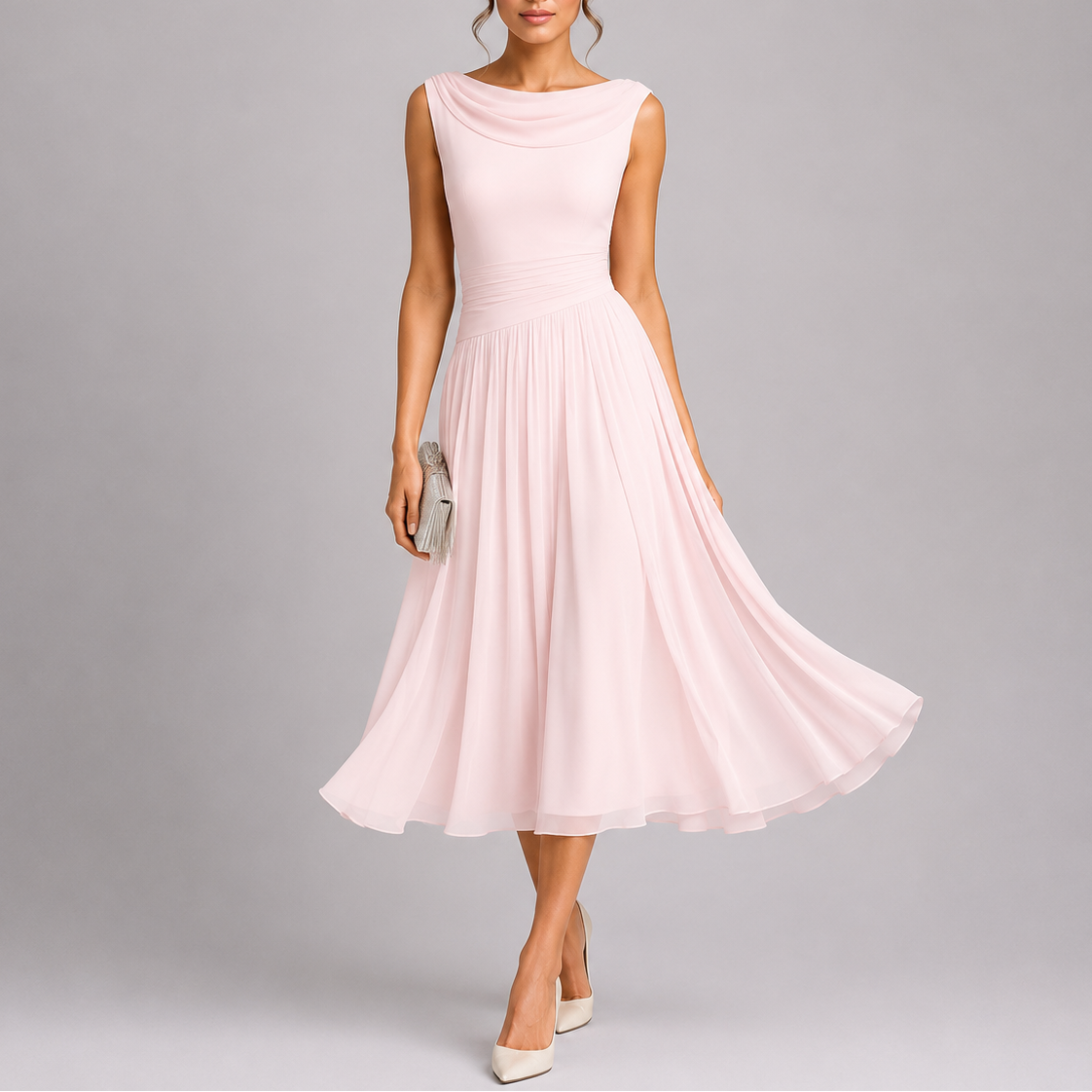 Sophie | Elegant Draped Neckline Black Tie Midi Dress