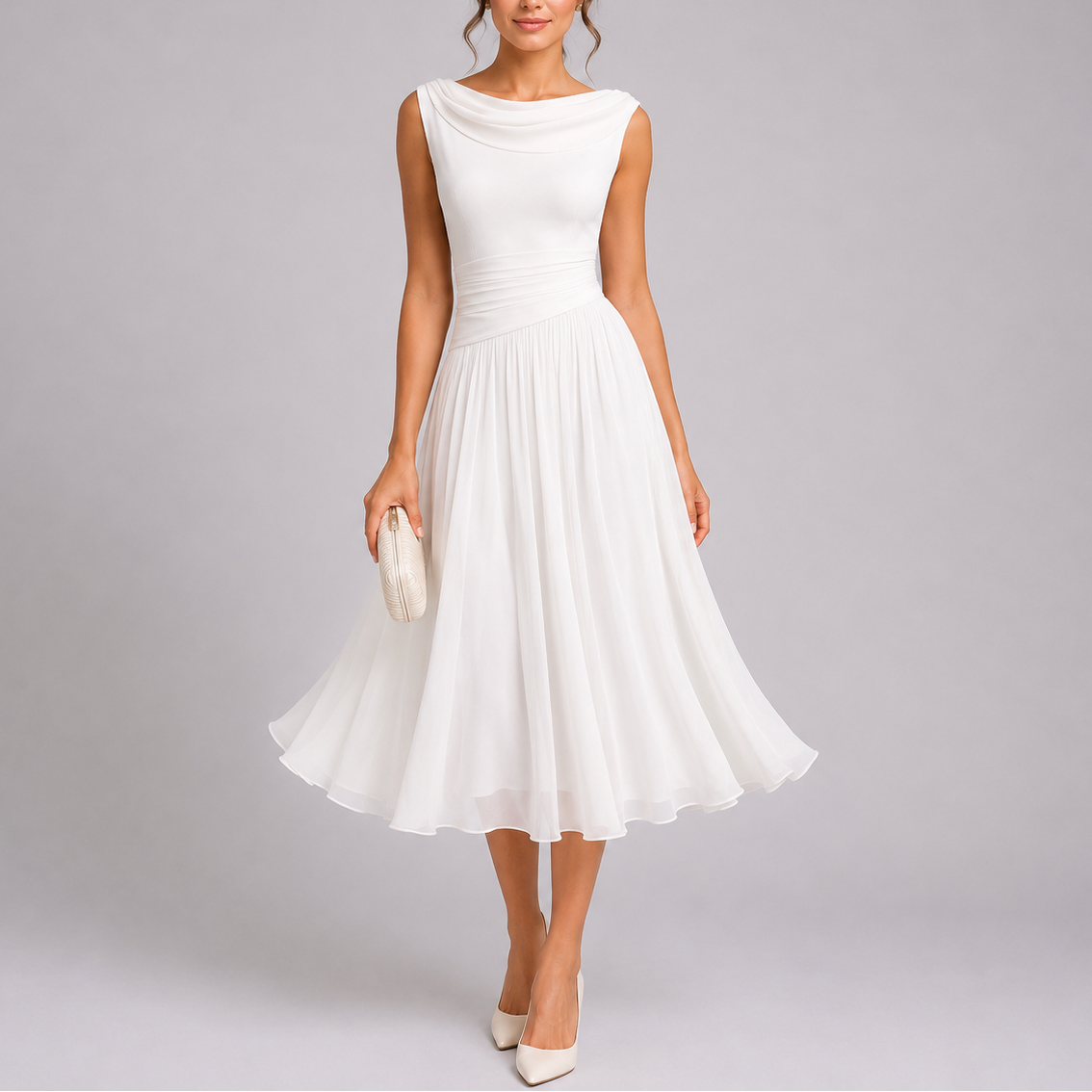 Sophie | Elegant Draped Neckline Black Tie Midi Dress