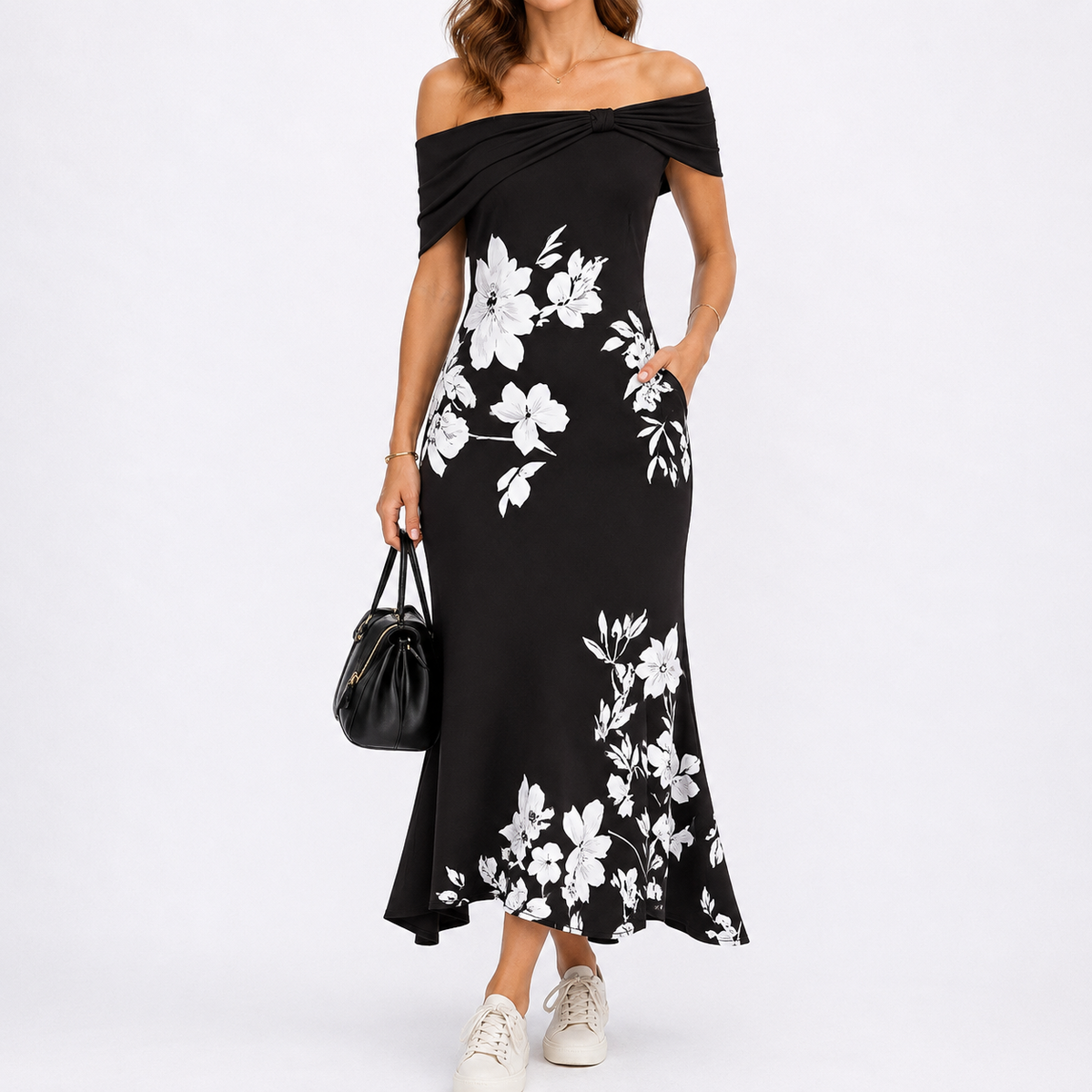 Sophie | Elegant Floral Off-Shoulder Black Tie Dress