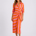Sophie | Elegant Striped Wrap Midi Black Tie Dress