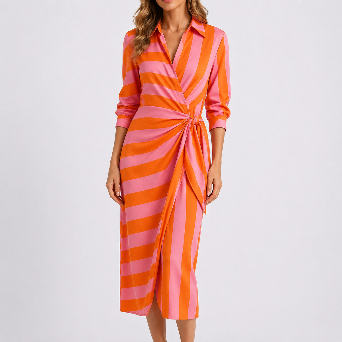 Sophie | Elegant Striped Wrap Midi Black Tie Dress