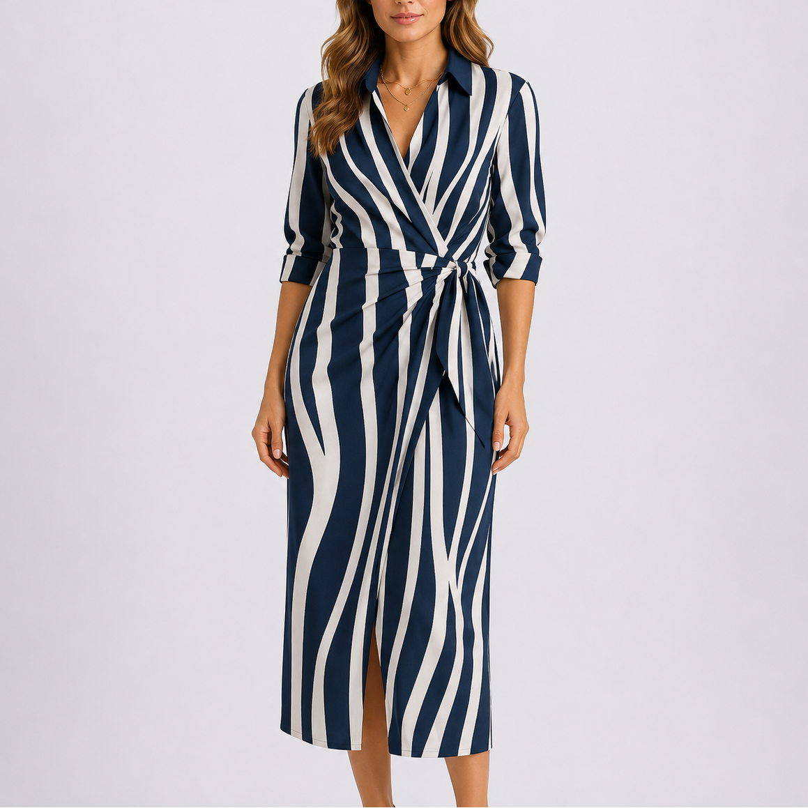 Sophie | Elegant Striped Wrap Midi Black Tie Dress