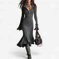 Sophie | Polished Zip Collar Fitted Winter Dress with Fluted Hem
