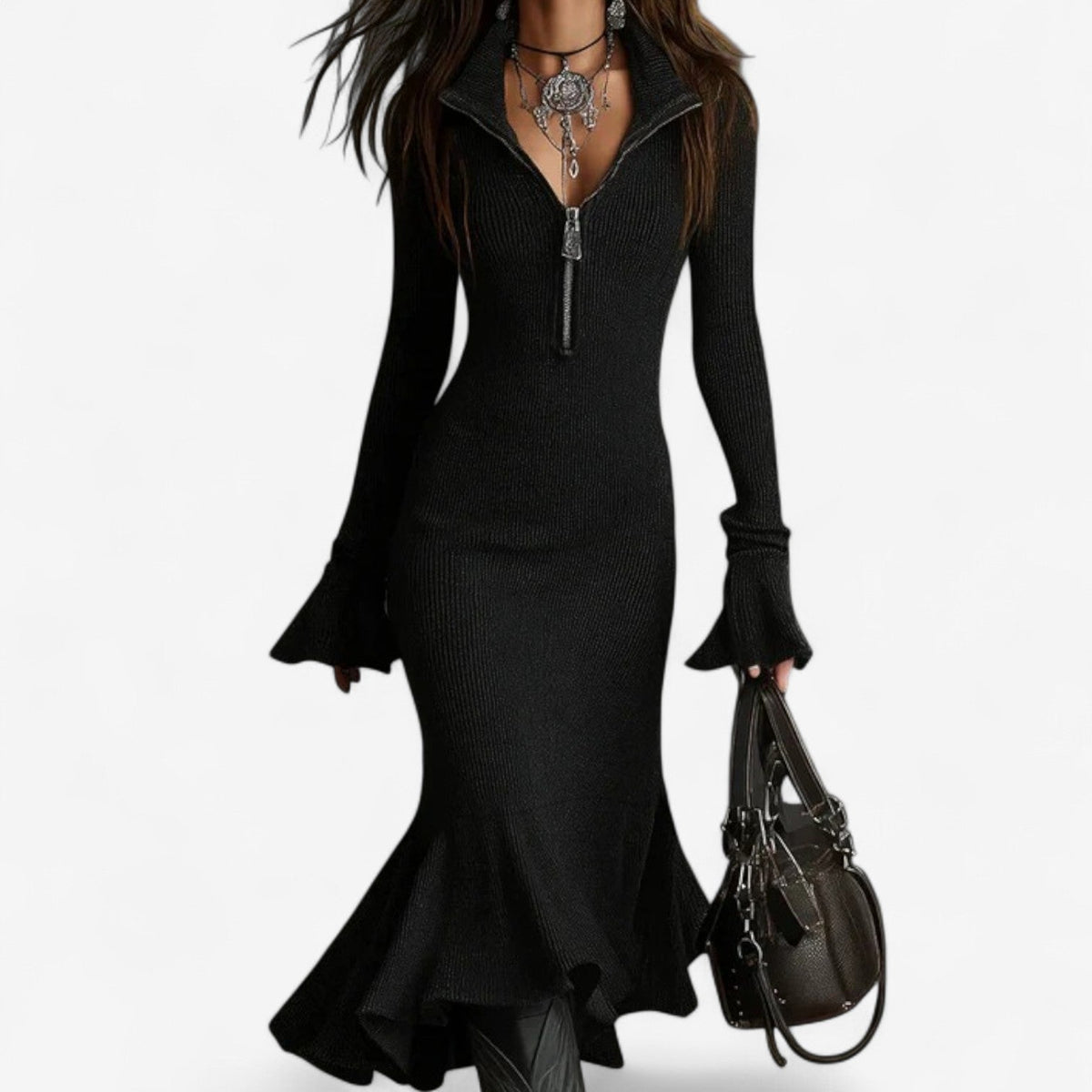 Sophie | Polished Zip Collar Fitted Winter Dress with Fluted Hem