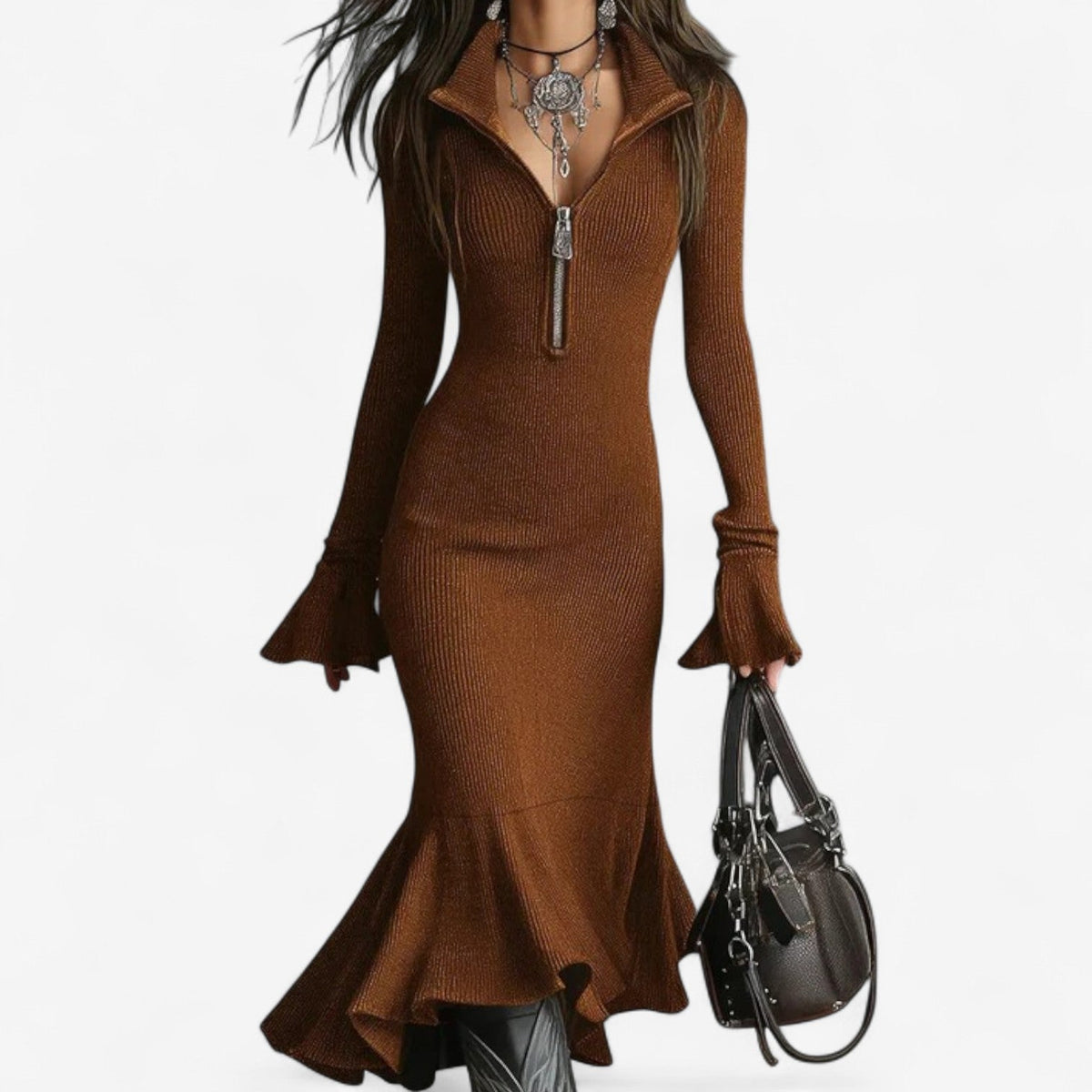Sophie | Polished Zip Collar Fitted Winter Dress with Fluted Hem