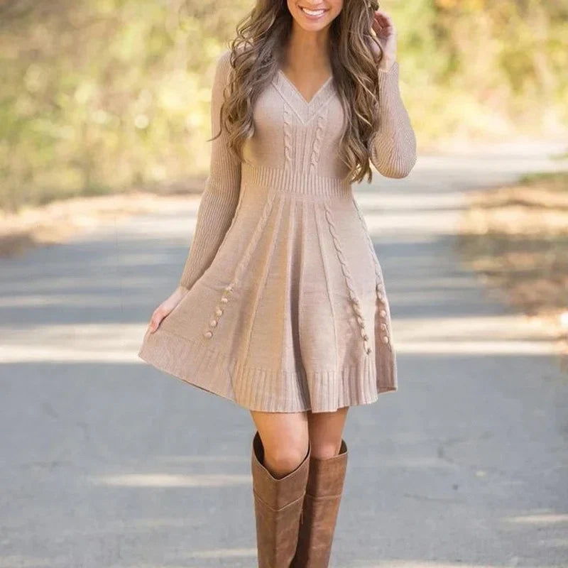 Thea | Graceful V-Neck Ribbed Waist Knitted Winter Dress