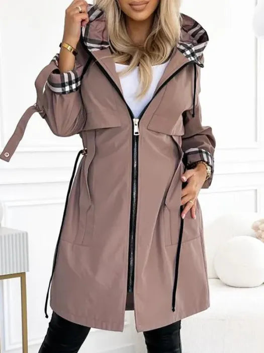 Thea | Stylish Check Trim Hooded Winter Coat