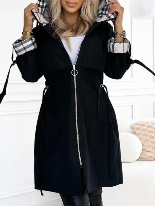 Thea | Stylish Check Trim Hooded Winter Coat