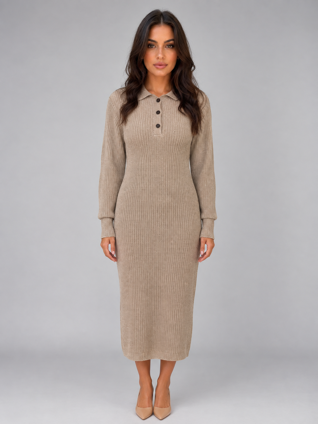 Willow | Elegant Ribbed Knit Polo Winter Dress in a Flattering Midi Fit