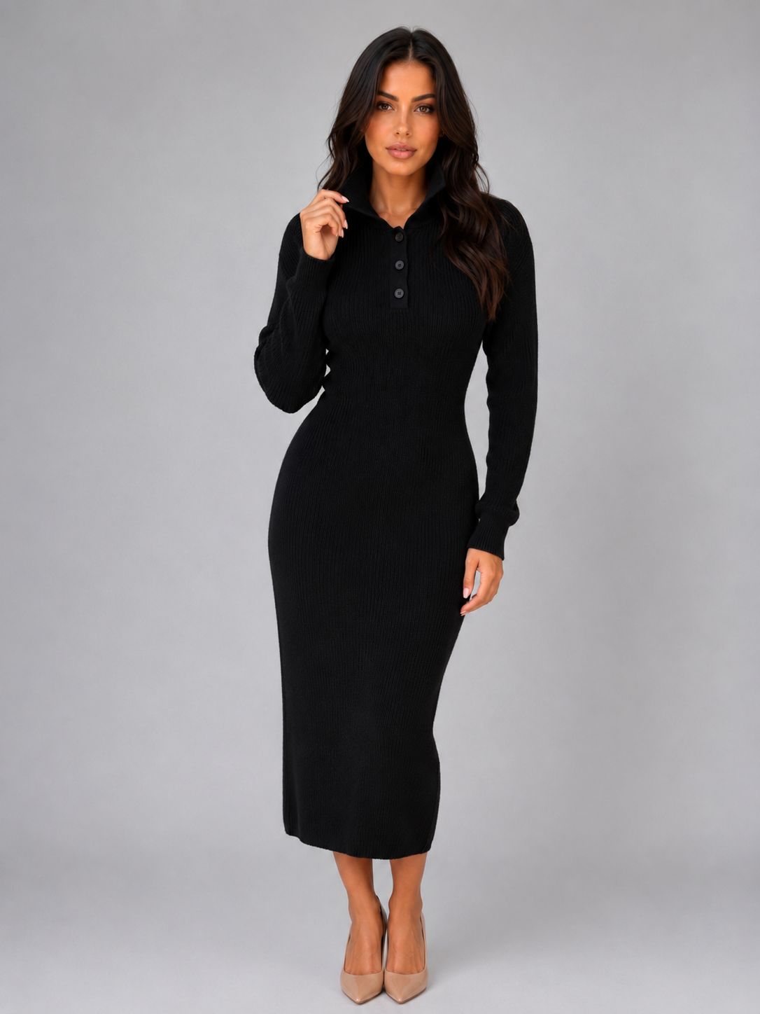 Willow | Elegant Ribbed Knit Polo Winter Dress in a Flattering Midi Fit