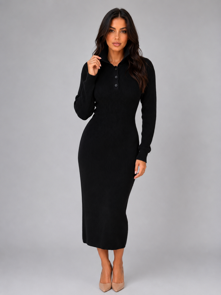 Willow | Elegant Ribbed Knit Polo Winter Dress in a Flattering Midi Fit