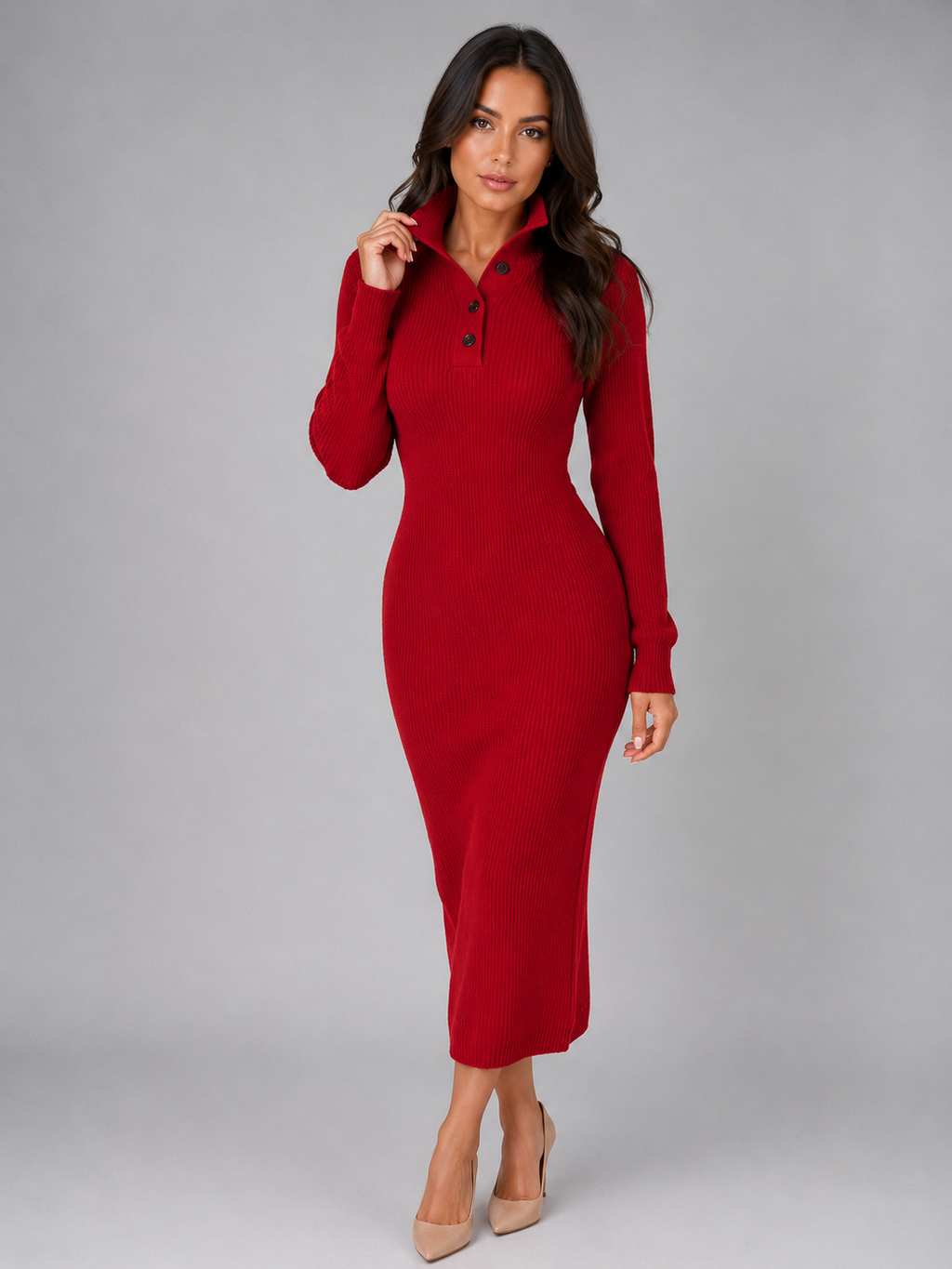 Willow | Elegant Ribbed Knit Polo Winter Dress in a Flattering Midi Fit