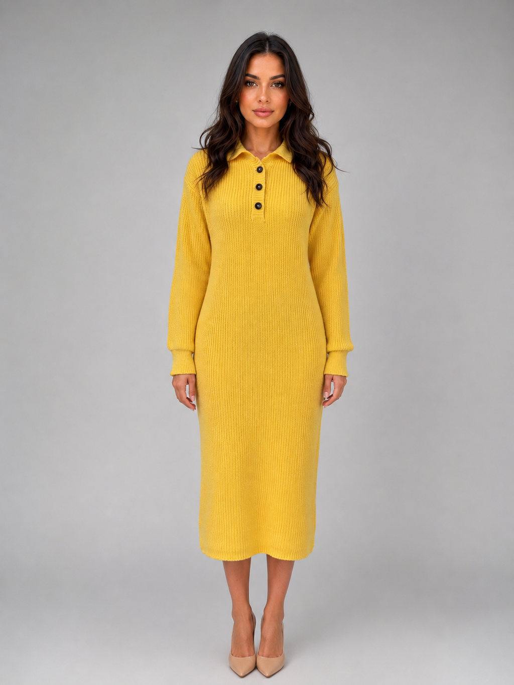 Willow | Elegant Ribbed Knit Polo Winter Dress in a Flattering Midi Fit