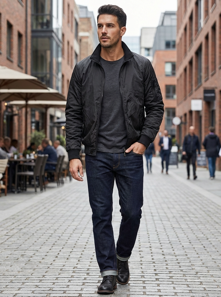 Yahya | Refined Ribbed Collar Zip-Up Bomber Jacket