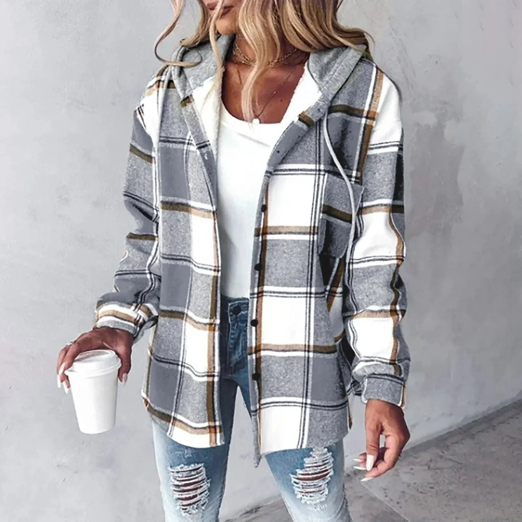 Zara | Cosy Checked Button-Front Hoodie Cardigan Jacket