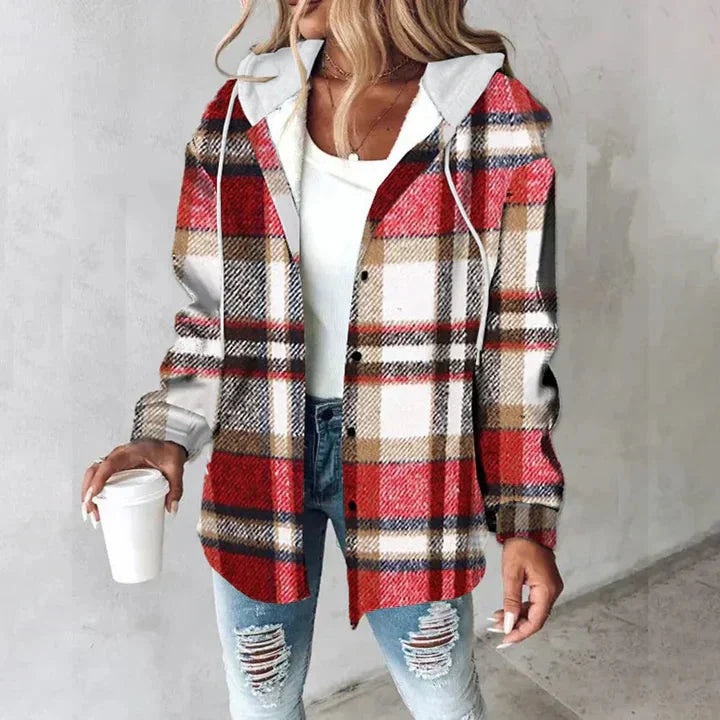 Zara | Cosy Checked Button-Front Hoodie Cardigan Jacket