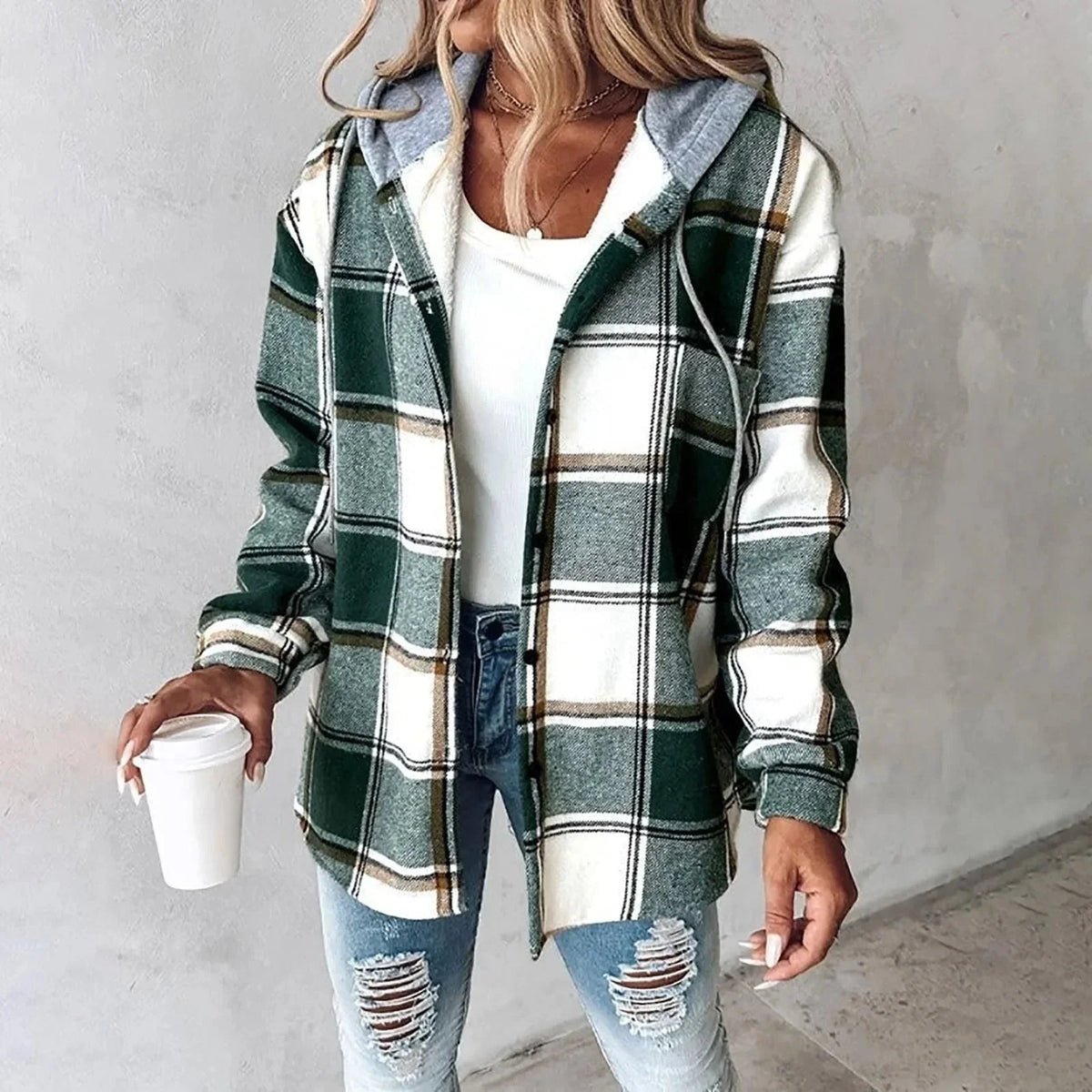 Zara | Cosy Checked Button-Front Hoodie Cardigan Jacket