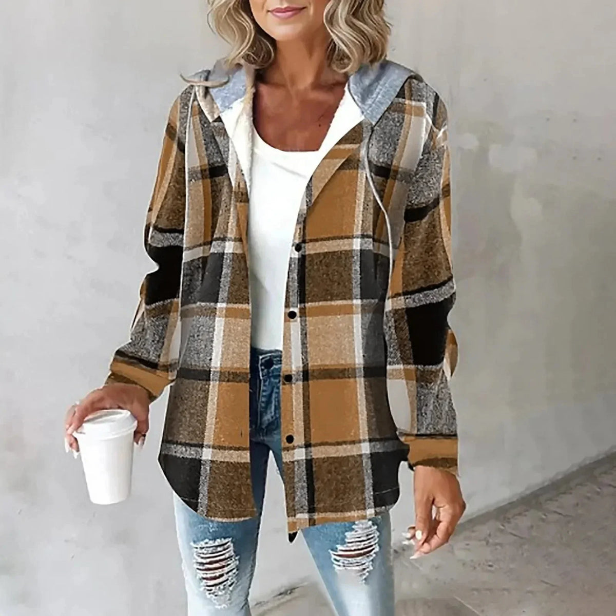 Zara | Cosy Checked Button-Front Hoodie Cardigan Jacket