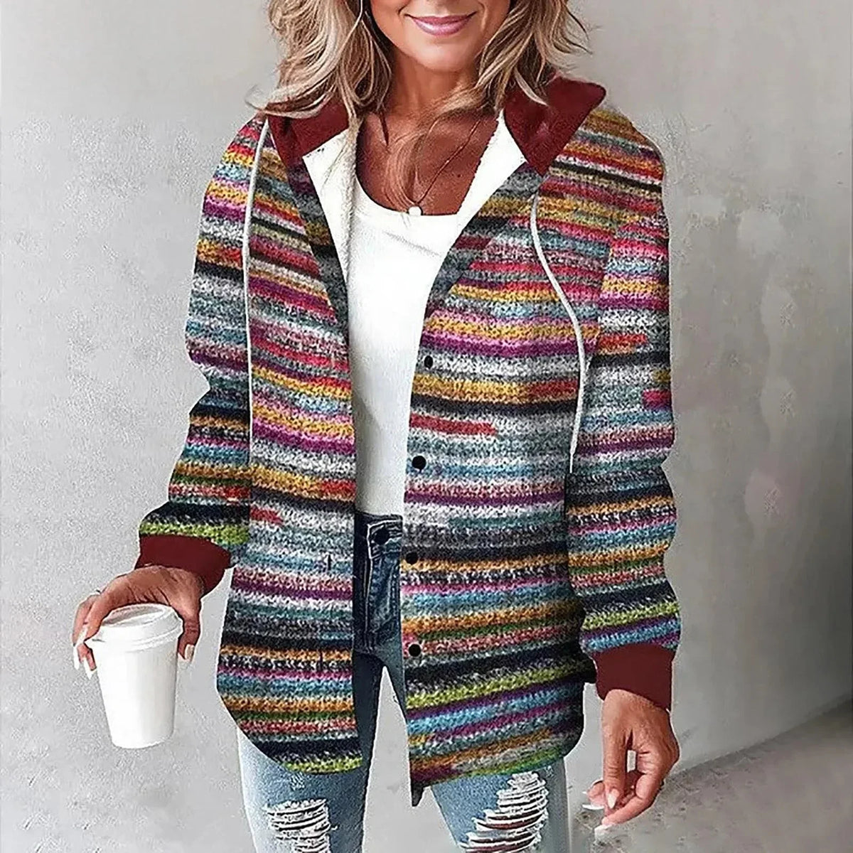Zara | Cosy Checked Button-Front Hoodie Cardigan Jacket