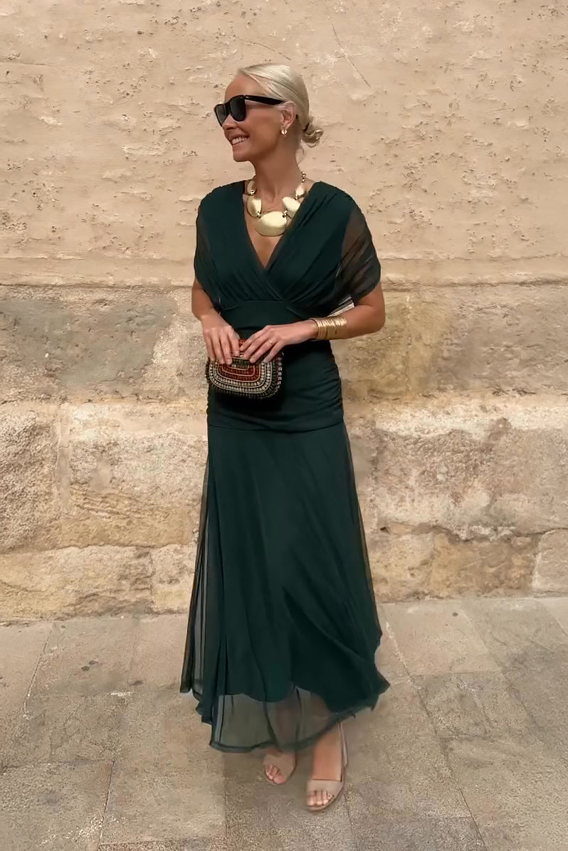 Zara | Polished V-Neck Pleated Autumn Wedding Guest Maxi Dress
