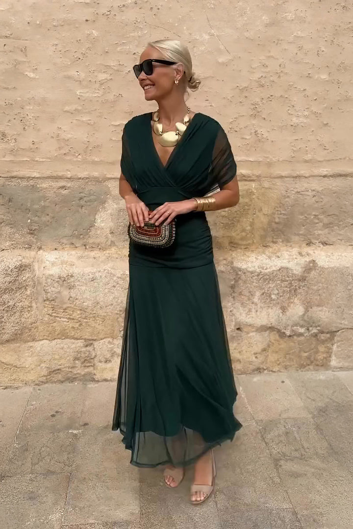 Zara | Polished V-Neck Pleated Autumn Wedding Guest Maxi Dress