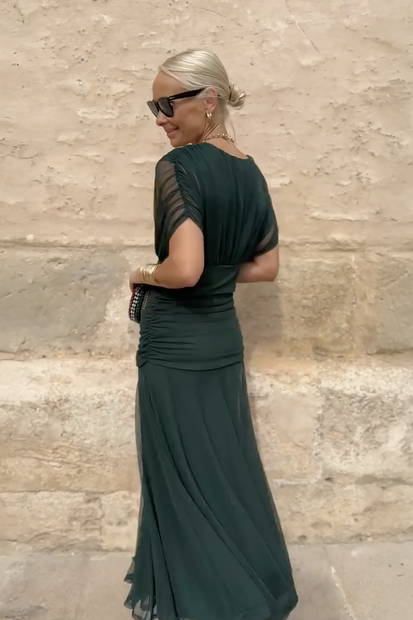 Zara | Polished V-Neck Pleated Autumn Wedding Guest Maxi Dress
