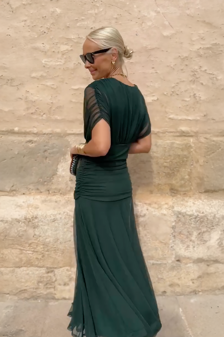 Zara | Polished V-Neck Pleated Autumn Wedding Guest Maxi Dress