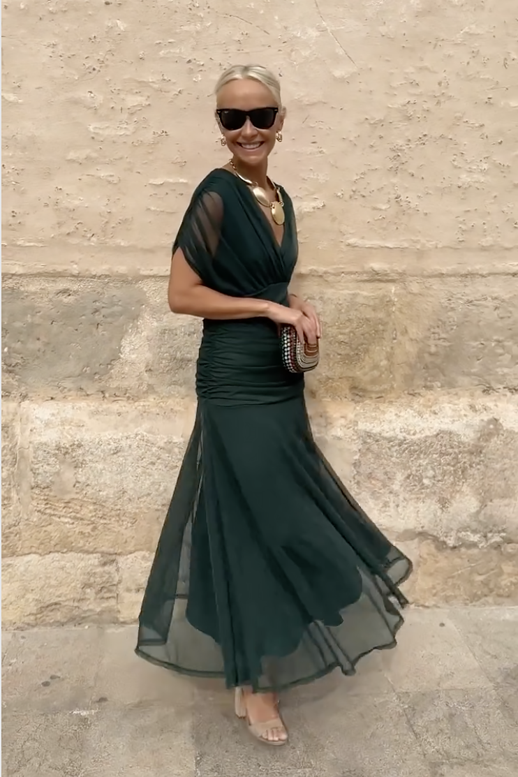 Zara | Polished V-Neck Pleated Autumn Wedding Guest Maxi Dress
